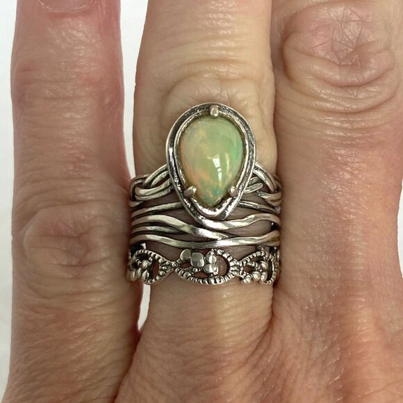 Sterling Silver 925 PZ Modernist Israel Opal Teardrop Wide Band Ring Sz 5.75 - Picture 11 of 16